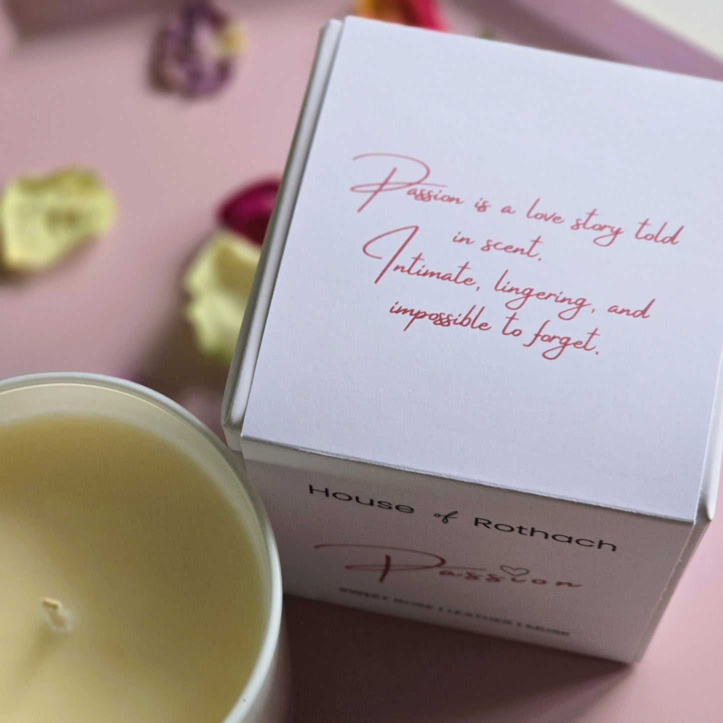 Valentines candle in white packaging with romantic words on the box